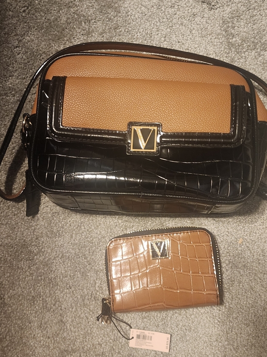 Victoria's Secret Handbags - Victoria's Secret Black and Tan Croc-Embossed Crossbody with Matching Wallet